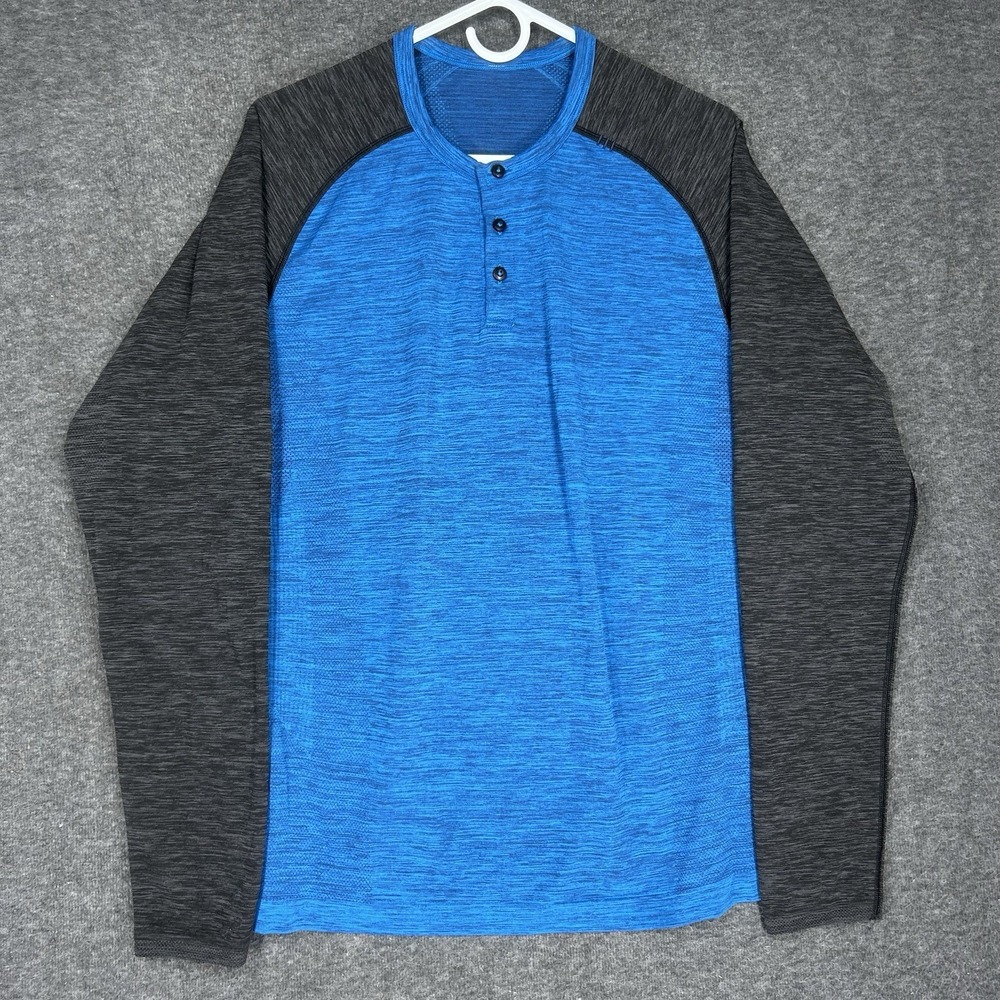 Lululemon Shirt Mens Large Blue Black Raglan Metal Vent Tech Henley Long Sleeve